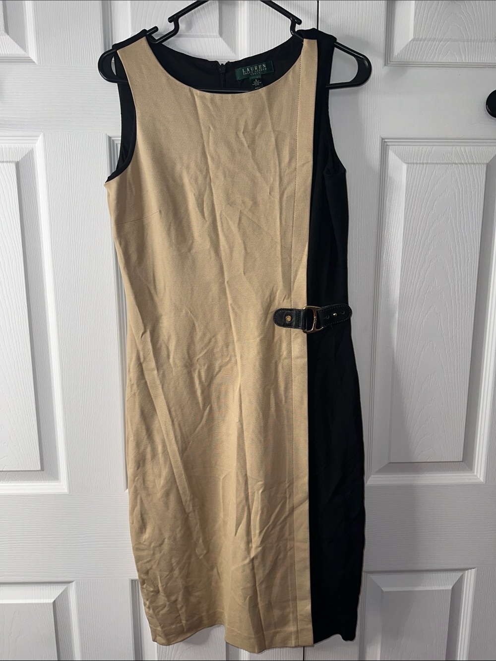Lauren Ralph Lauren Beige and Black Colorblock Midi Sheath Dress with Buckle